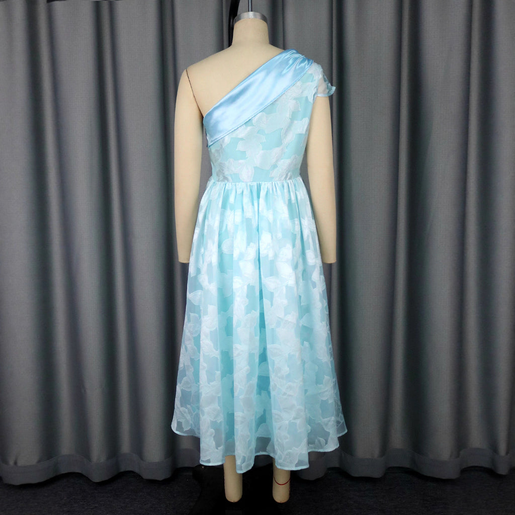 Women's Oblique Shoulder Contrast Color Evening Dress Jacquard Elegant Dress