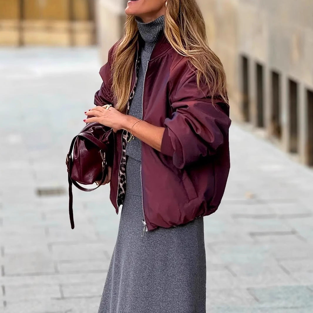 Women's Elegant Reversible Zipper Jacket Leopard Print And Wine Red Casual Coat