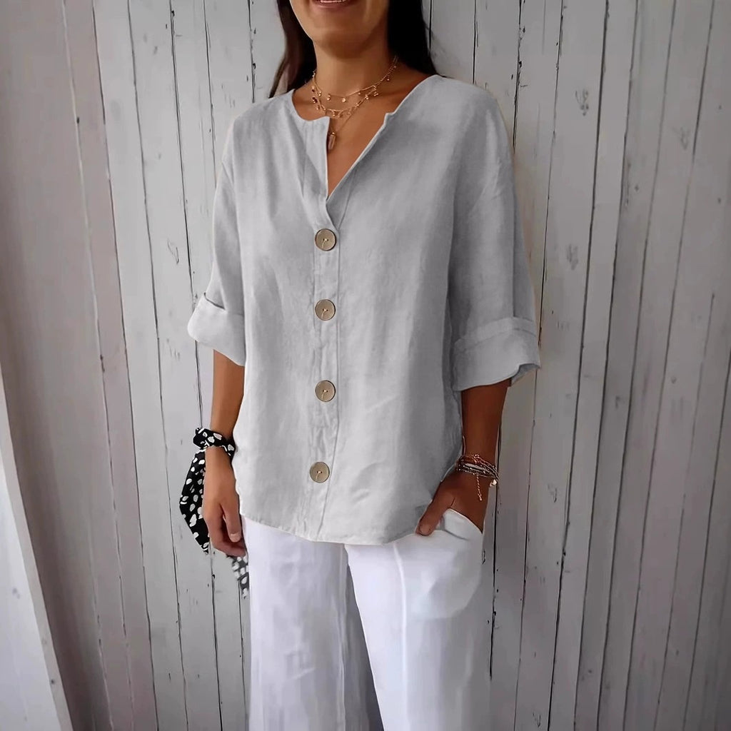 Women's V-neck Cotton And Linen Buttoned Blouse