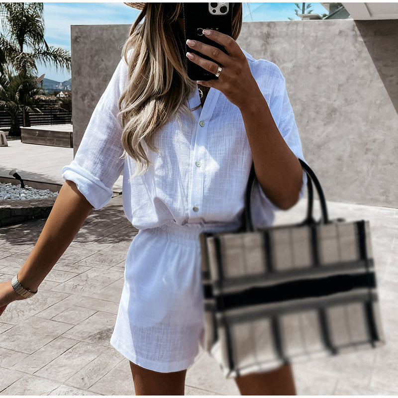 Women's Linen Shorts Suit Lapel Shirt