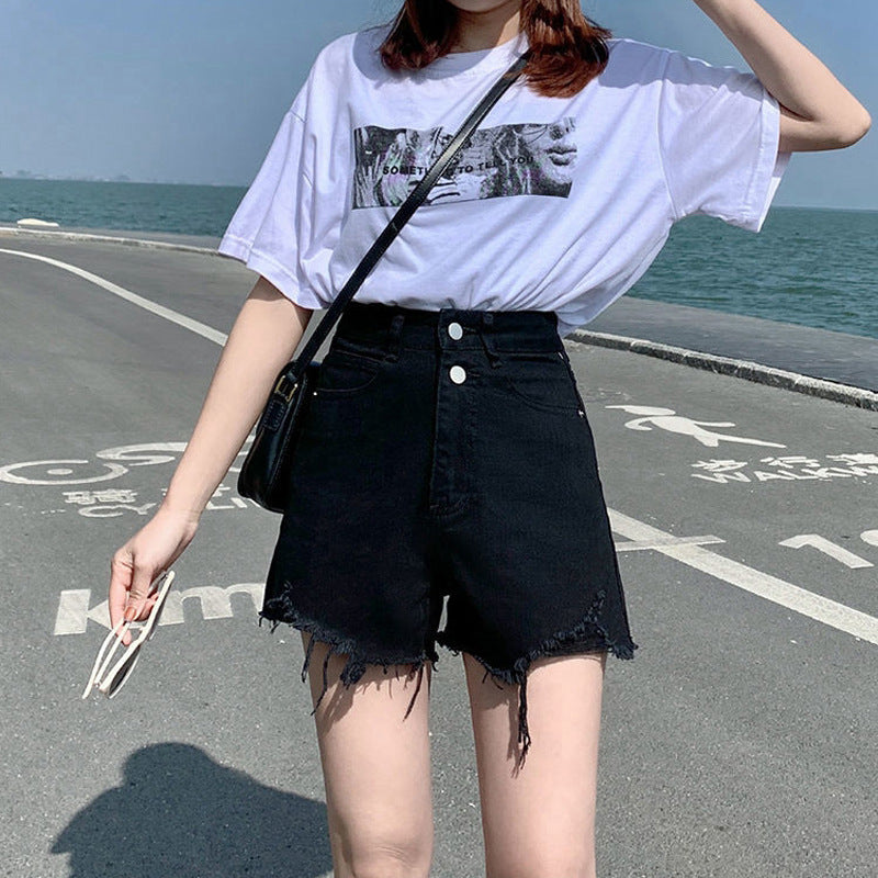 Ins-style Trendy Ripped Denim Shorts For Women Summer High-waisted A-line Design