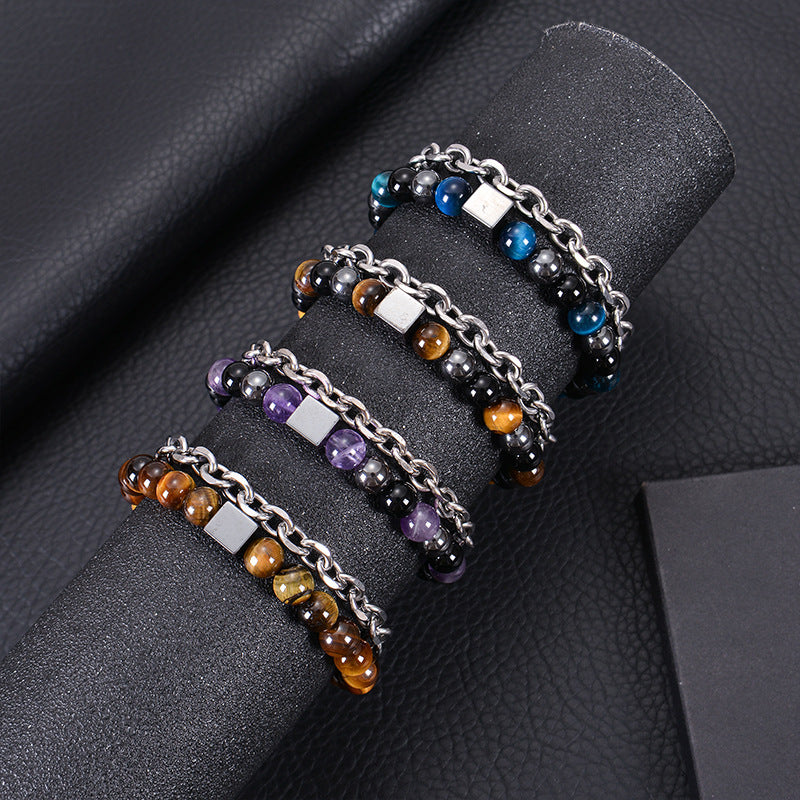 Stainless Steel Double Layer 8mm Tiger-Eye Bracelet Men