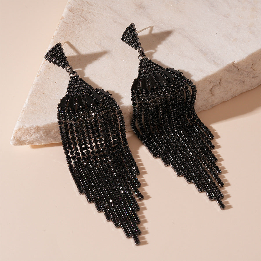 Silver Needle Black Rhimestone Flower Geometric Tassel Stud Earrings