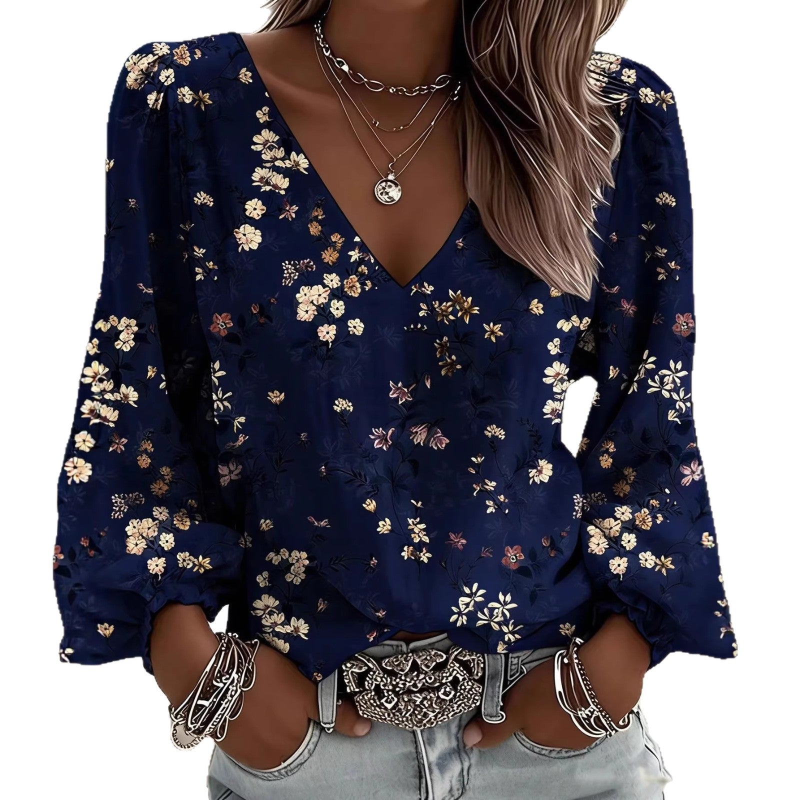 Women's Loose Casual Long-Sleeve Shirt With Floral Print