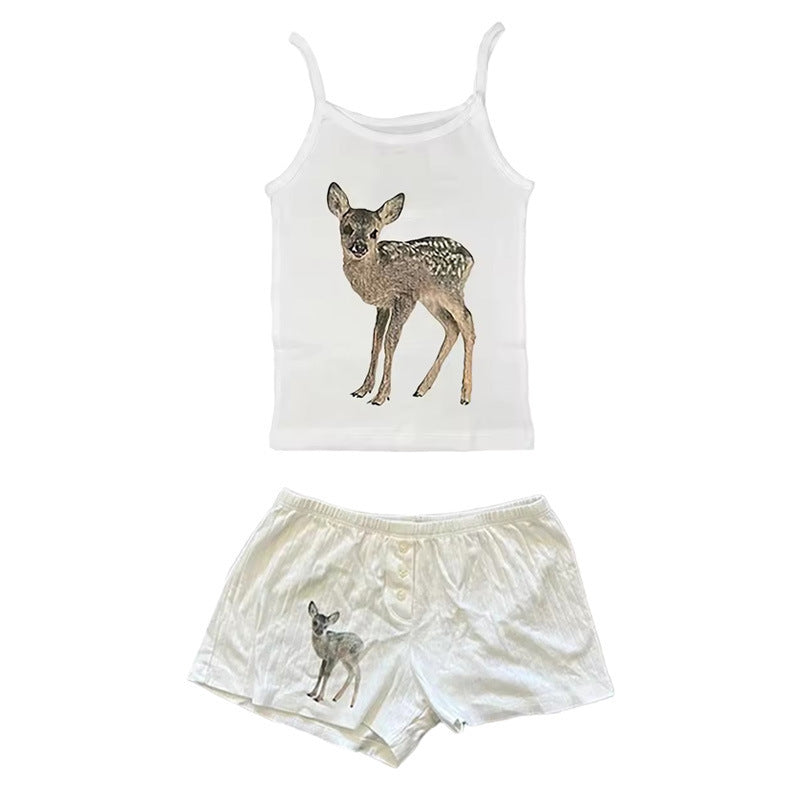 Women's Retro Easy Matching Deer Printed Lace Top Shorts