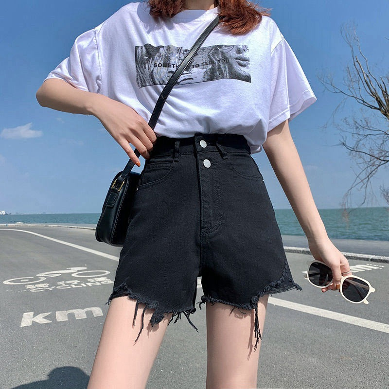 Ins-style Trendy Ripped Denim Shorts For Women Summer High-waisted A-line Design