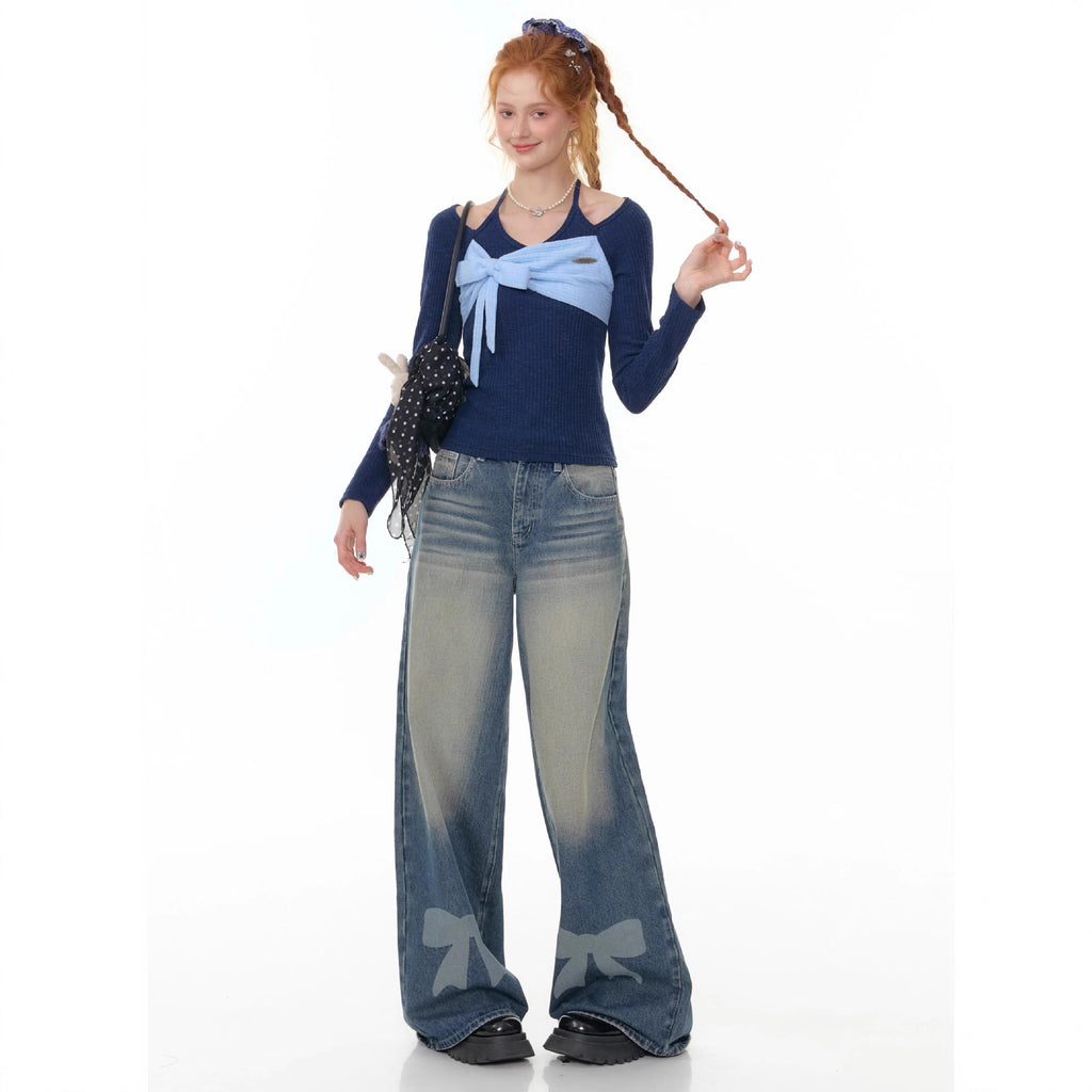 Retro Wide-leg Bow-tie Printed Washed Denim Jeans