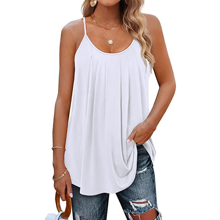 Women's Casual Summer Pleated Round Neck Keyhole Loose Top
