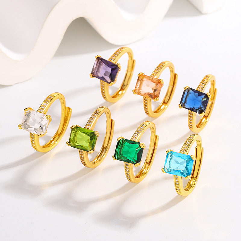 Fashion Japanese Style Simple Retro Electroplated 18K Square Zircon Ring