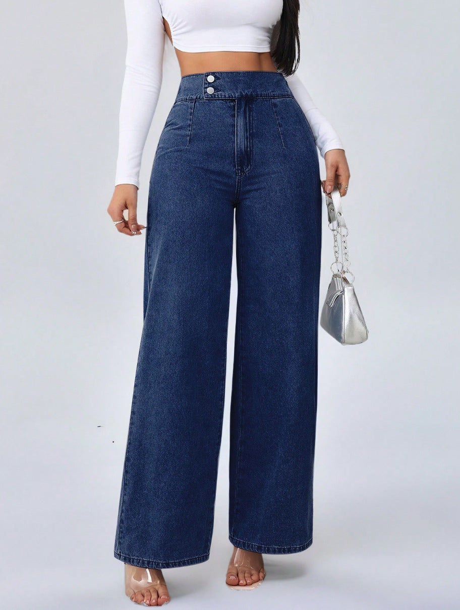 Versatile Straight-leg Loose-fit High-waisted Womens Solid-color Jeans With Double Buttons