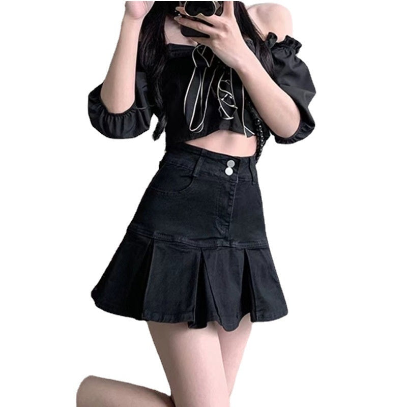 American Hot Girl Pleated Denim Skirt Women's High Waist Slimming