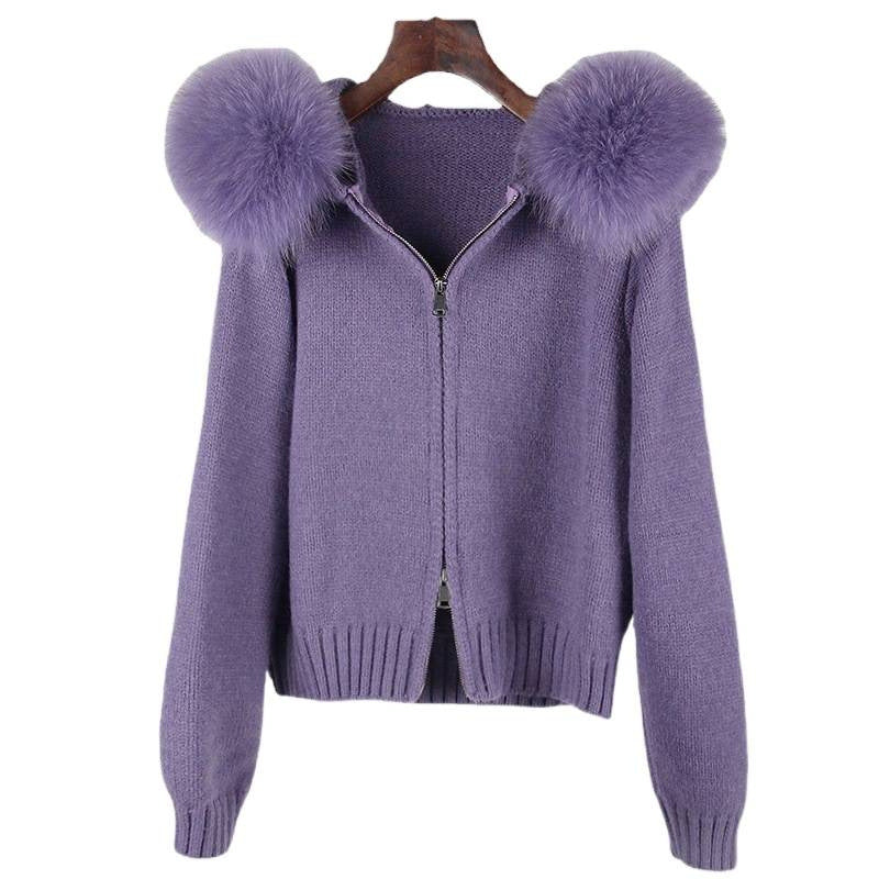 Spring Coat Women's Zipper Real Fox Fur Collar Hooded