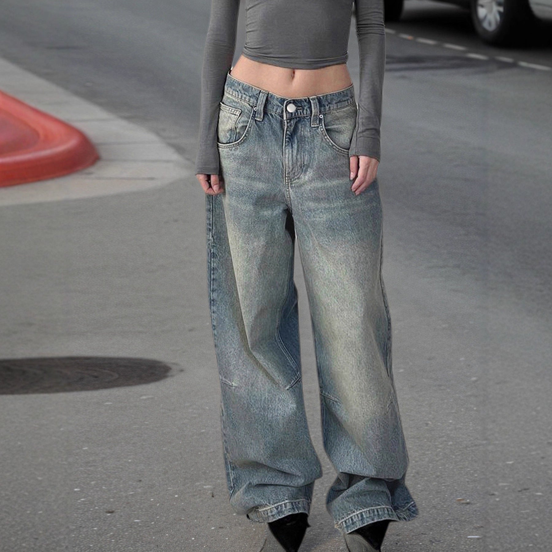 Autumn Winter Retro Distressed Dirty Pants High Waist Straight Loose Wide Leg Jeans