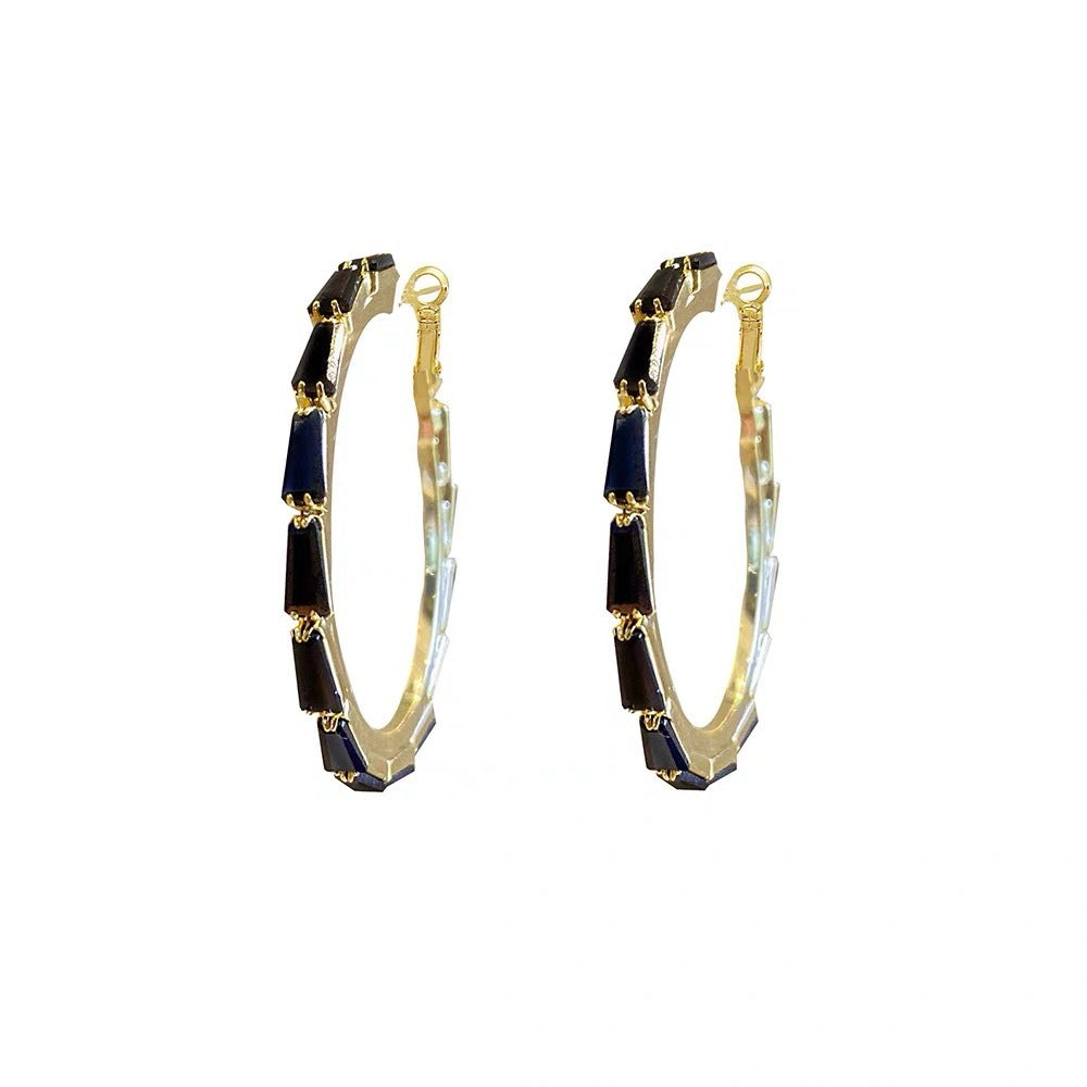 French Advanced Sense Black & Rhimestone Hoop Earrings