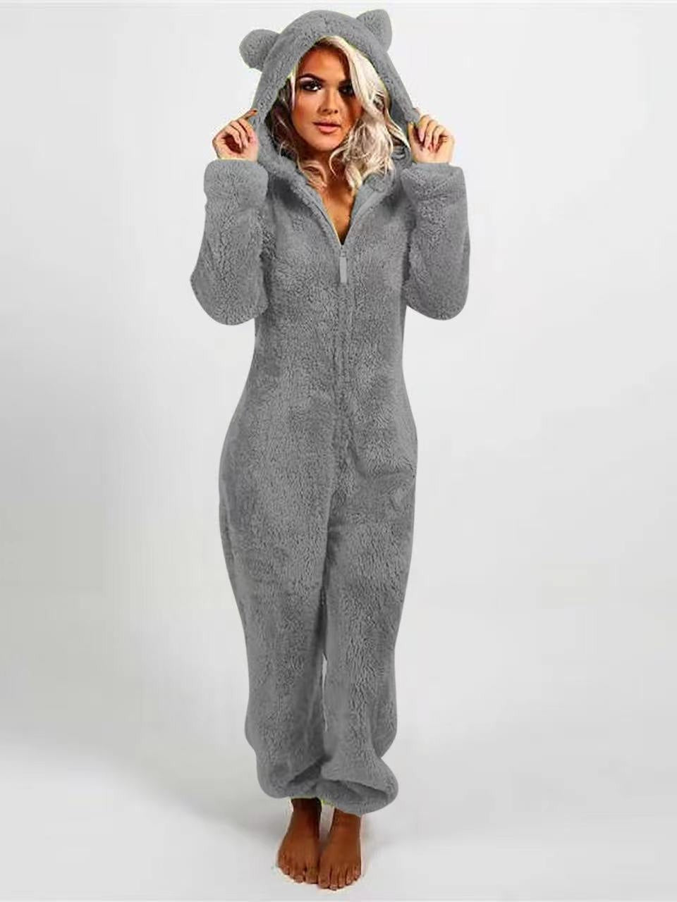Fleece-lined Thickened Furry Jumpsuit Hooded Pajamas