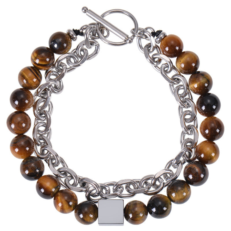 Stainless Steel Double Layer 8mm Tiger-Eye Bracelet Men