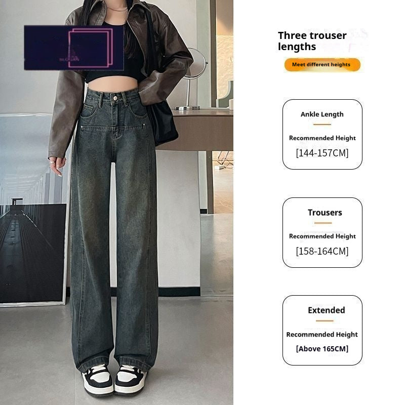 Cement-gray Womens High-waisted Loose-fit Slimming Narrow Straight-leg Floor-length Wide-leg Denim Jeans