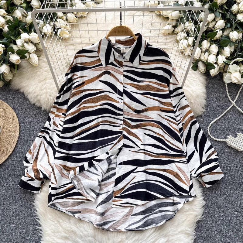 Retro French-style Printed Womens Autumn Loose Slimming Top