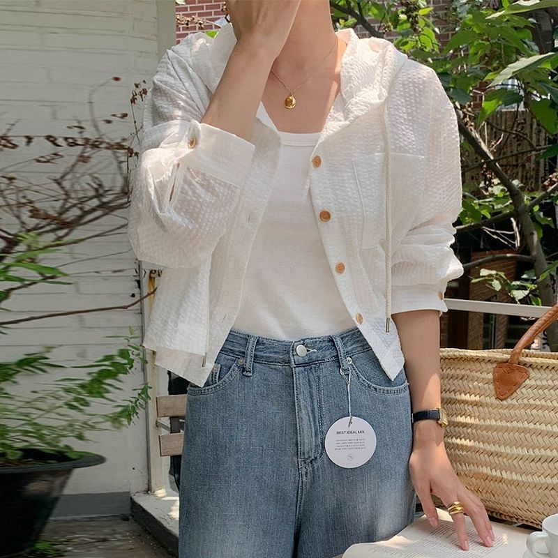 Single-breasted Striped Contrast Color Short Loose Long Sleeves Sun Protection Hooded Shirt