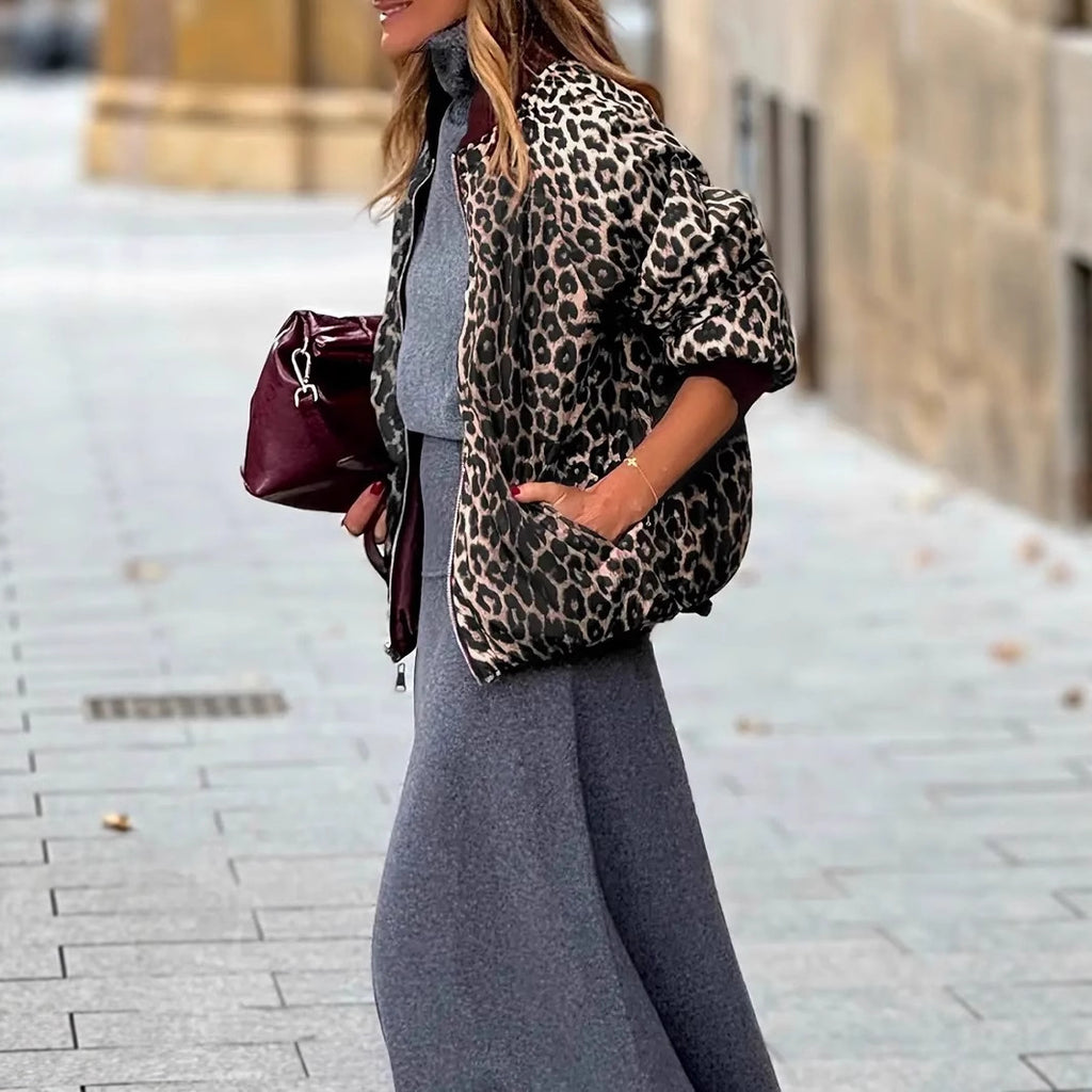 Women's Elegant Reversible Zipper Jacket Leopard Print And Wine Red Casual Coat