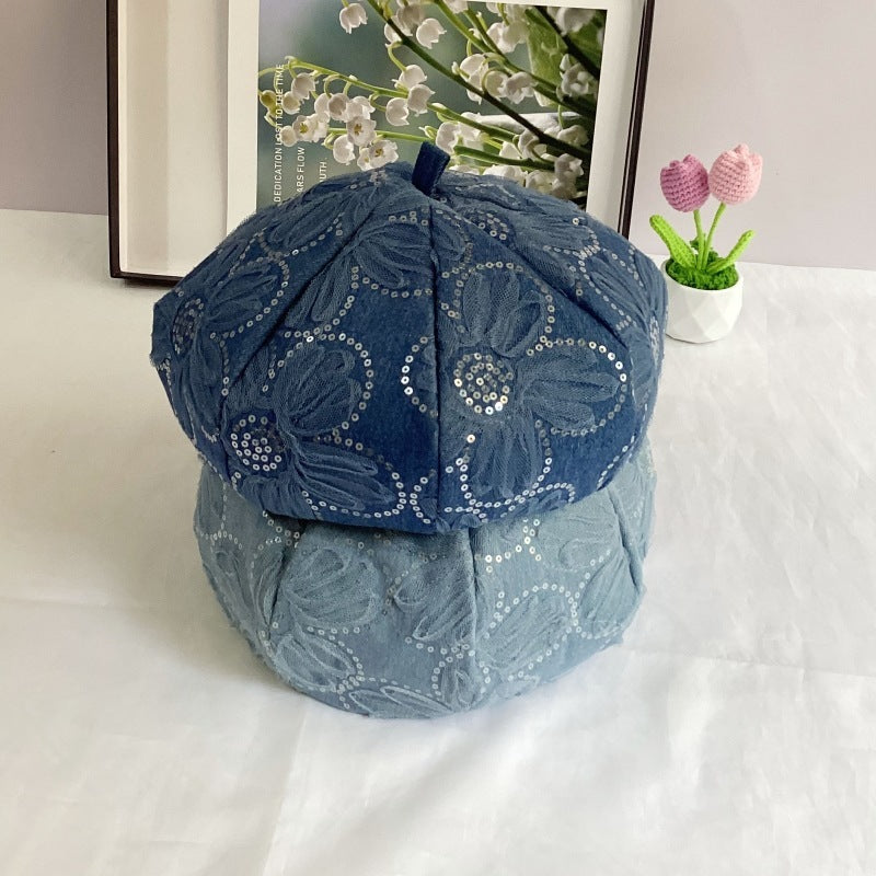 Mesh Sequins SUNFLOWER Decorative Washed Denim Octagonal Beret