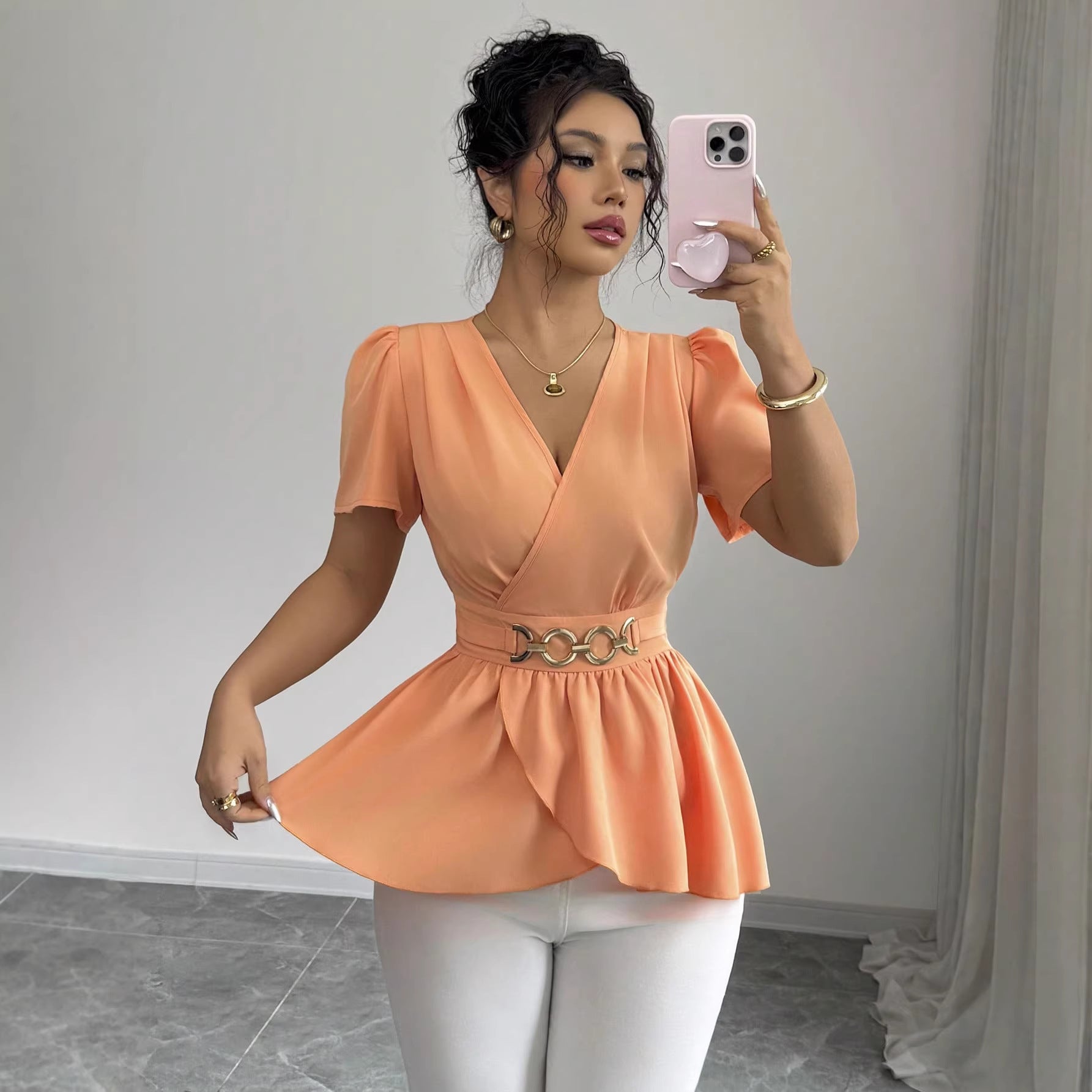 Slim-fit Solid-color Short-sleeve Womens Midriff-baring Top