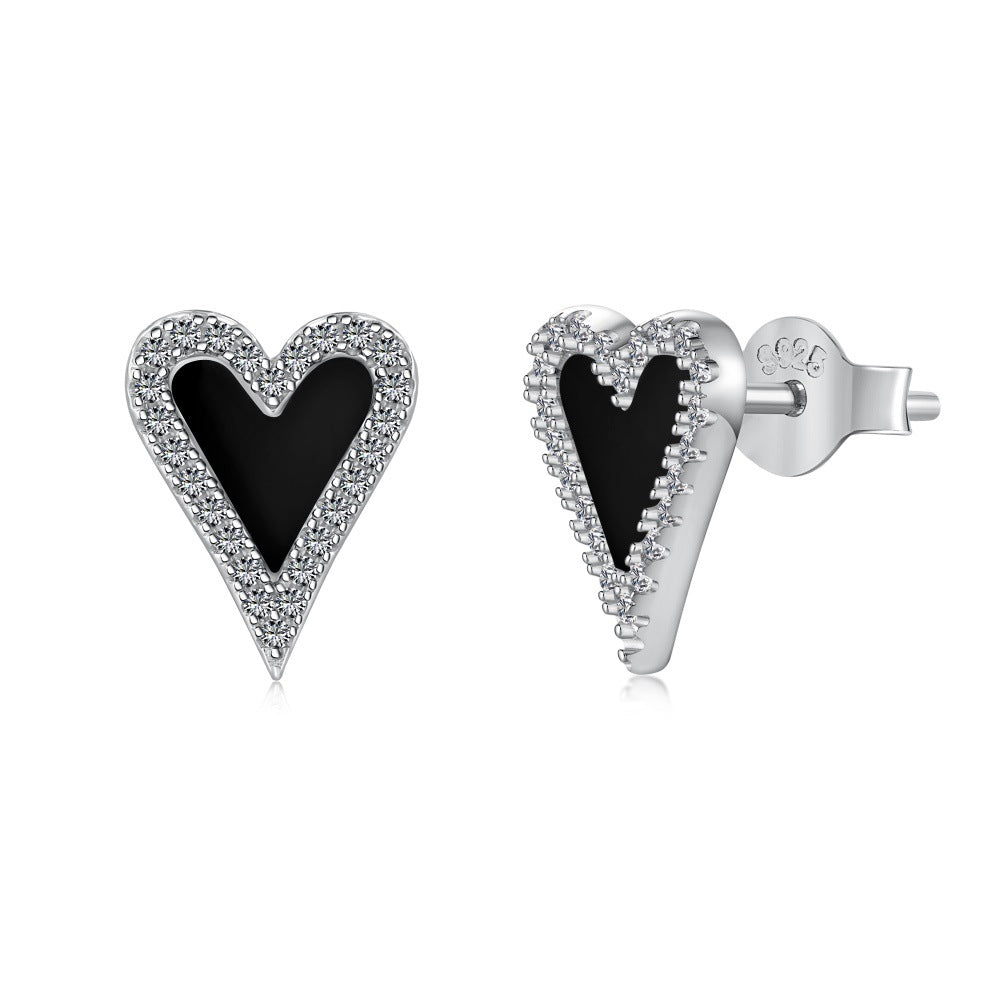 Silver S925 Black Agate Heart-shaped White Stud Earrings