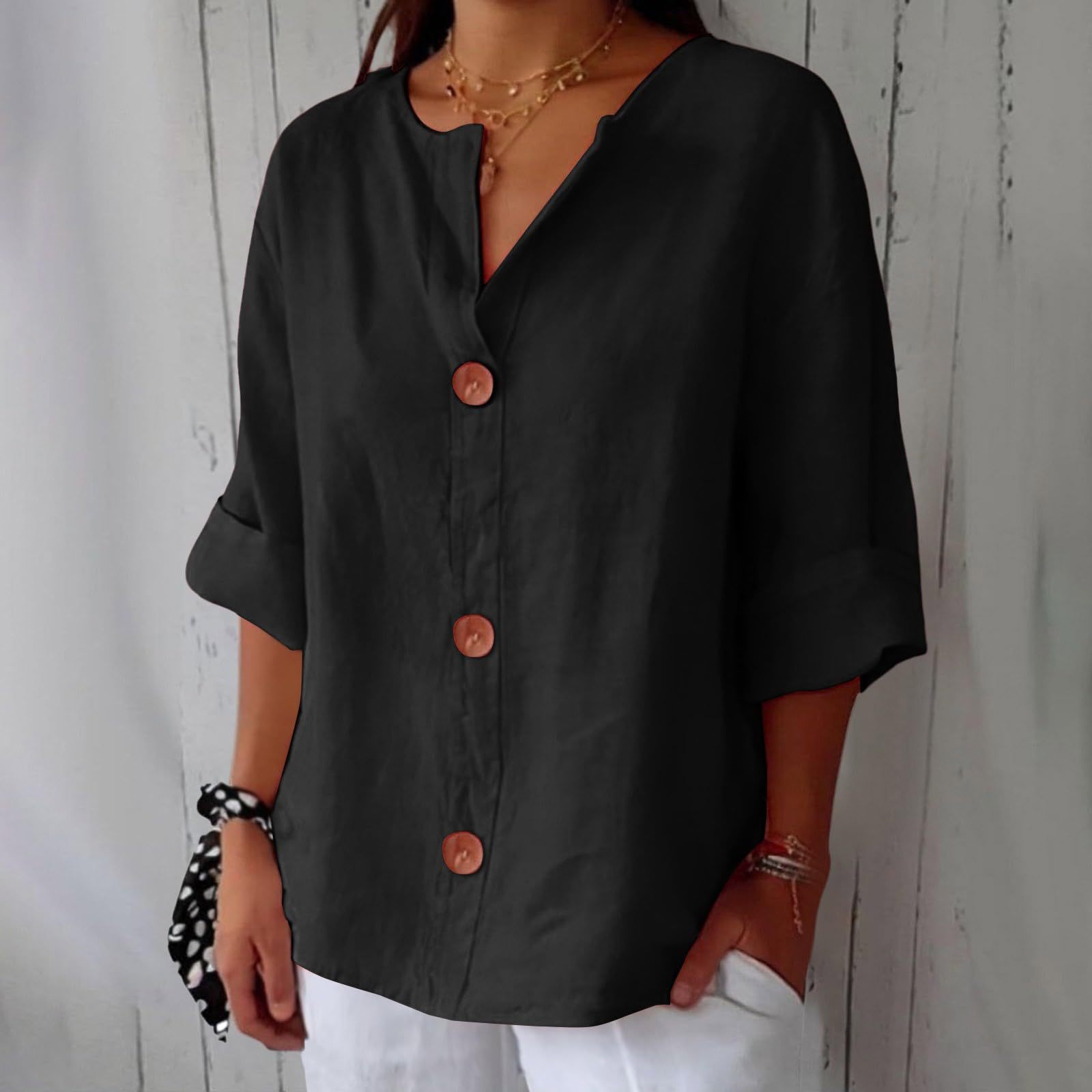 Women's V-neck cotton and linen buttoned blouse