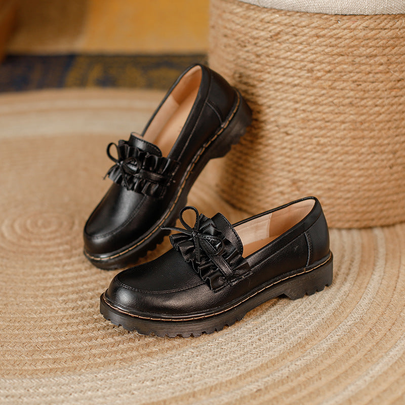 British Style Round Head Chunky Heel Small Leather Shoes For Women