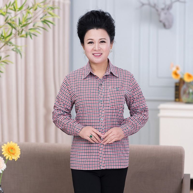 Middle-aged And Elderly Women's Loose Long-sleeved Slim-fit Plaid Shirt