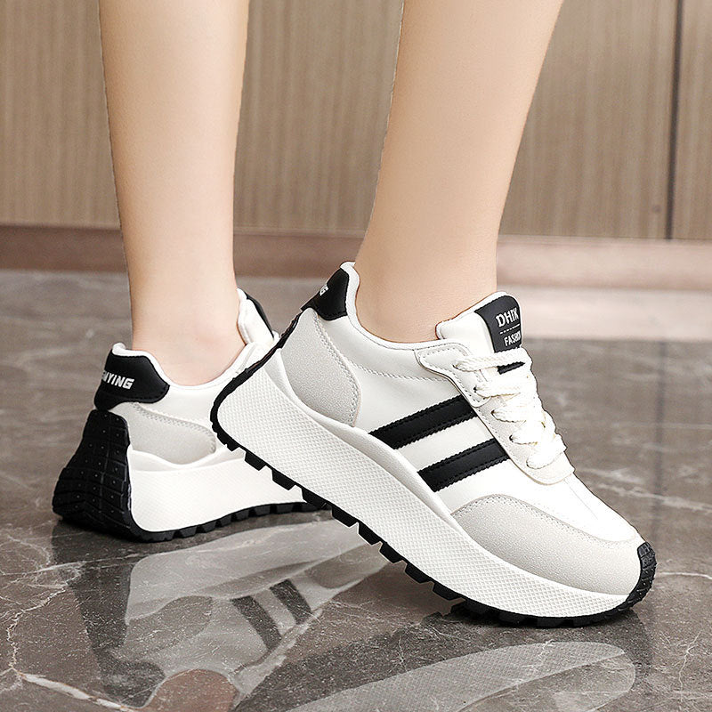 Womens Thick Soled Leather Patchwork Height Increasing Sneakers