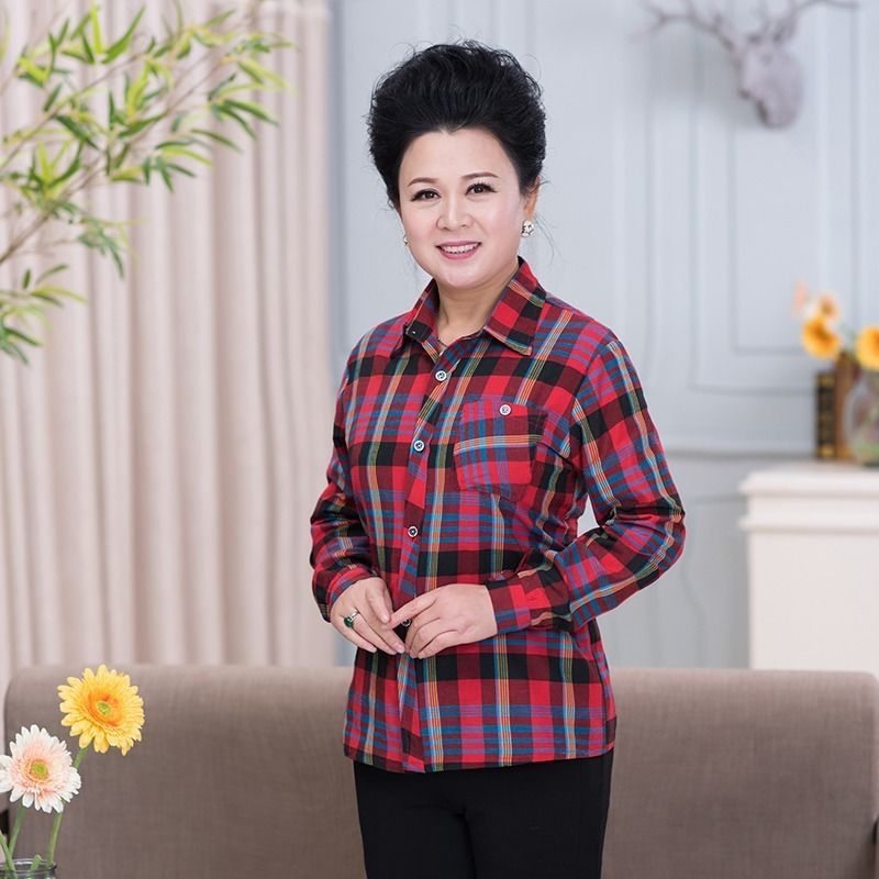 Middle-aged And Elderly Women's Loose Long-sleeved Slim-fit Plaid Shirt