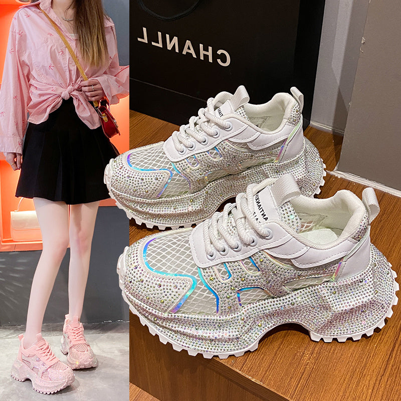 TIANXIU Women's Chunky Platform Sneakers, Light Yellow Glitter Rhinestone Accent Fashion Shoes With Green Trim And Thick White Sole