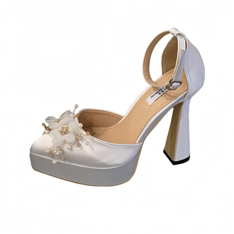 Women's Chunky Heel Waterproof Platform Silk High Heels