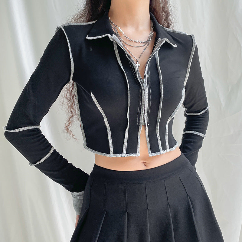 Contrast Stitching Double Zipper Long Sleeve Coat