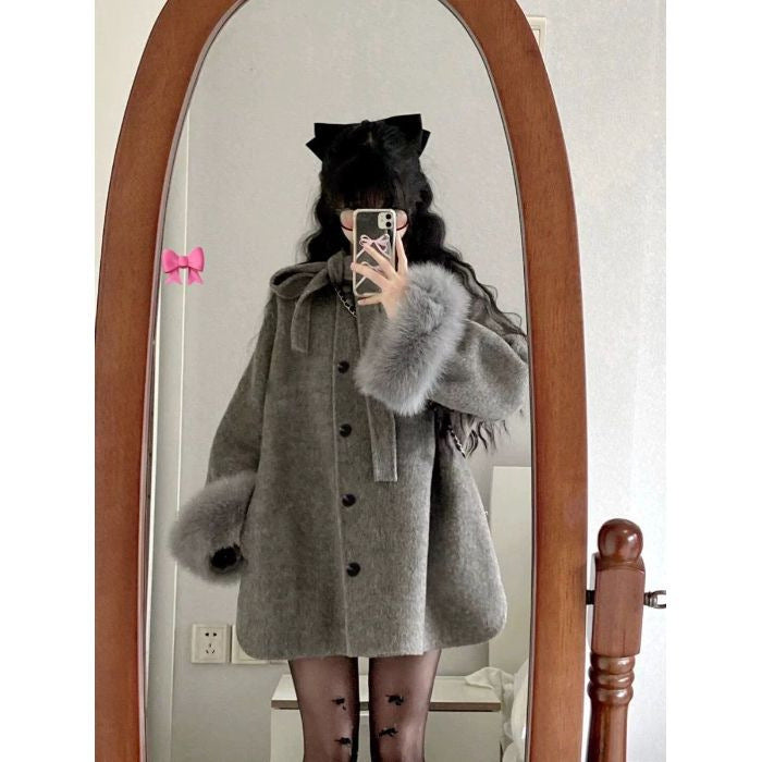 Gray Hepburn Style New Small Bow Coat