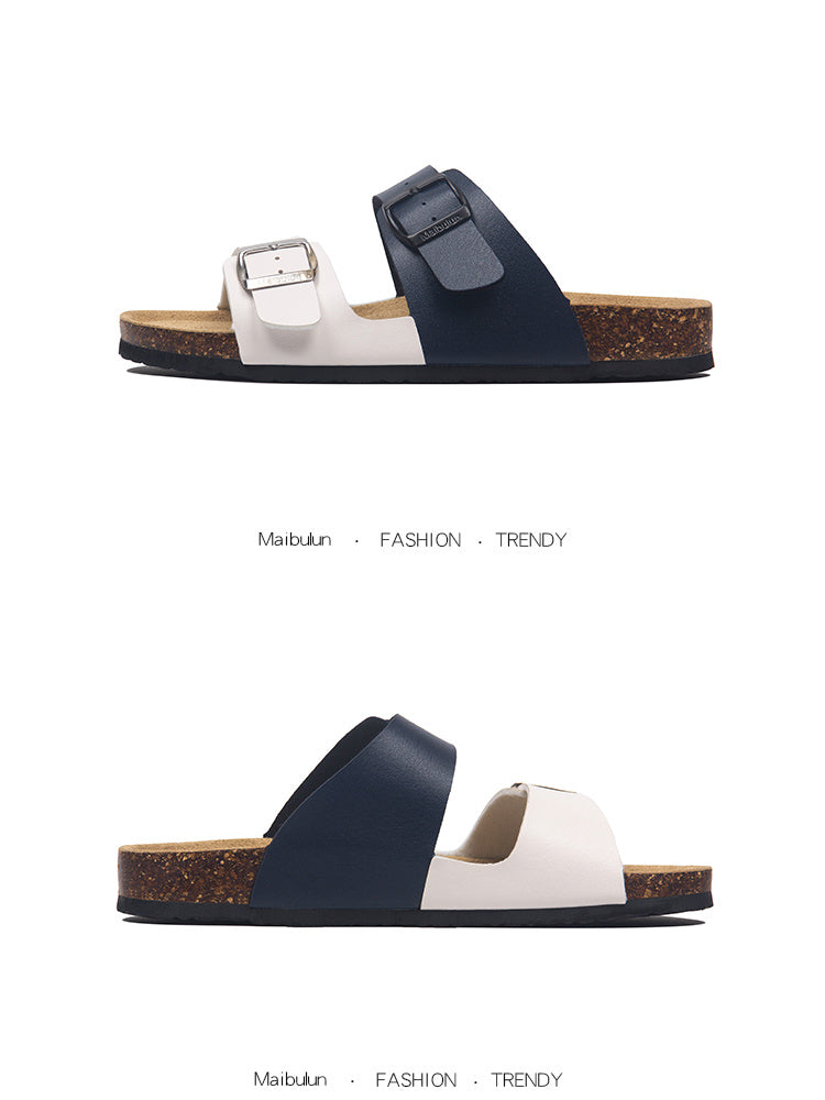 Maibulun Flat Cork Slippers Color Matching Ins Style Summer Beach Outdoor Home Sandals Couple Plus Size