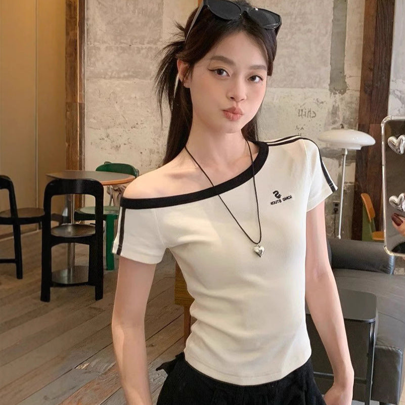 American Hot Girl Sweet And Spicy Sloping-shoulder Off The-shoulder Top