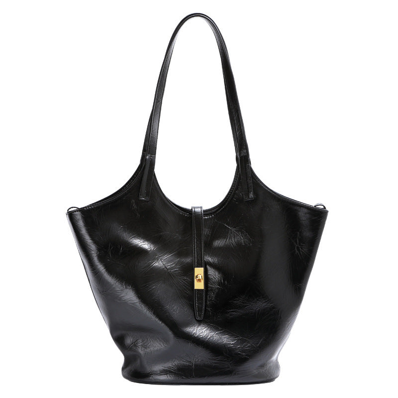 Niche Premium Black Large Capacity Leather One-shoulder Bucket Bag