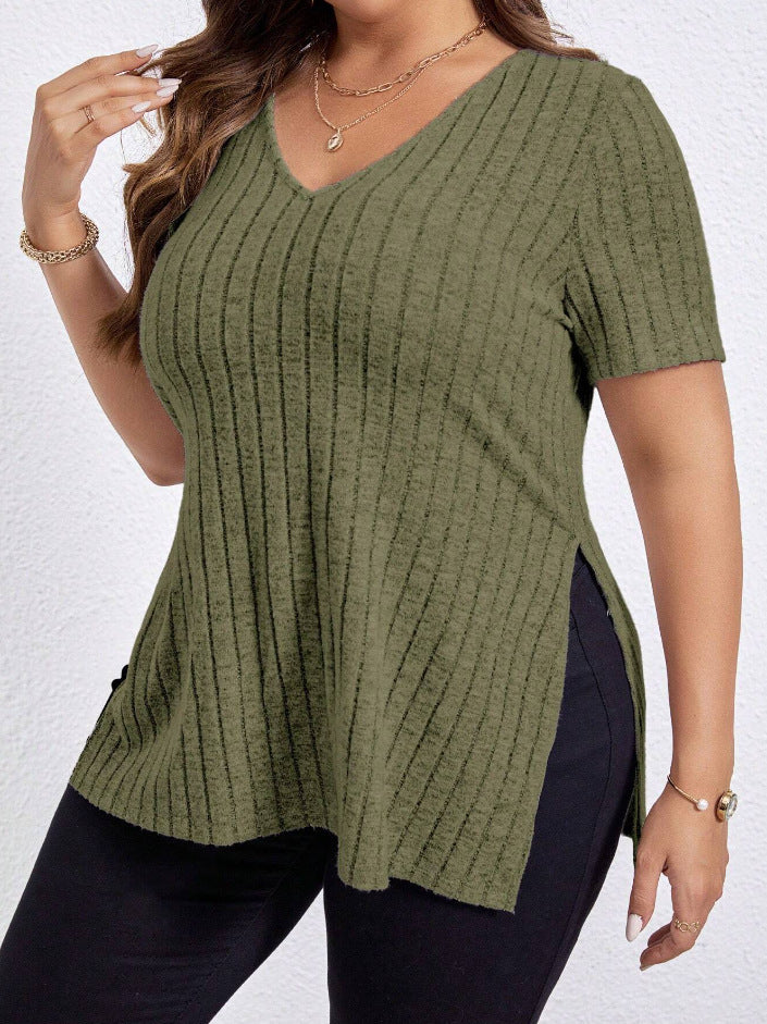 V-neck Split Sunken Stripe Brushed Women's Short Sleeve