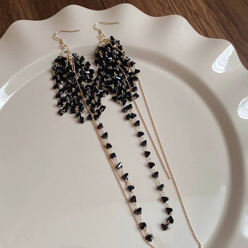 Silver Needle Black Rhimestone Flower Geometric Tassel Stud Earrings