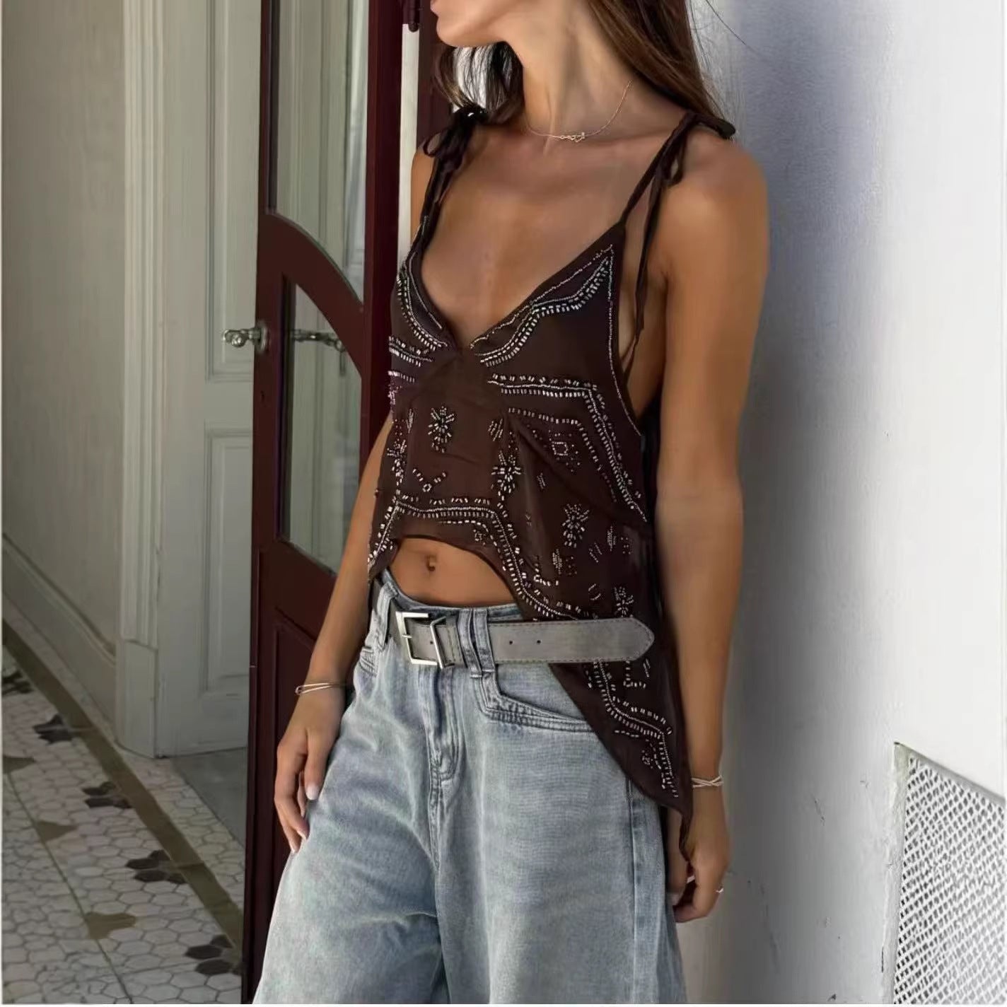 Women's New Sequin Embroidered Chiffon Top