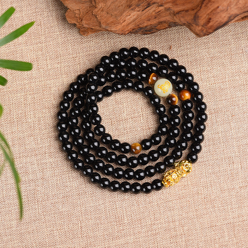 Obsidian 12 Zodiac Signs 108 Luminous Sand Golden Pixiu Buddha Beads