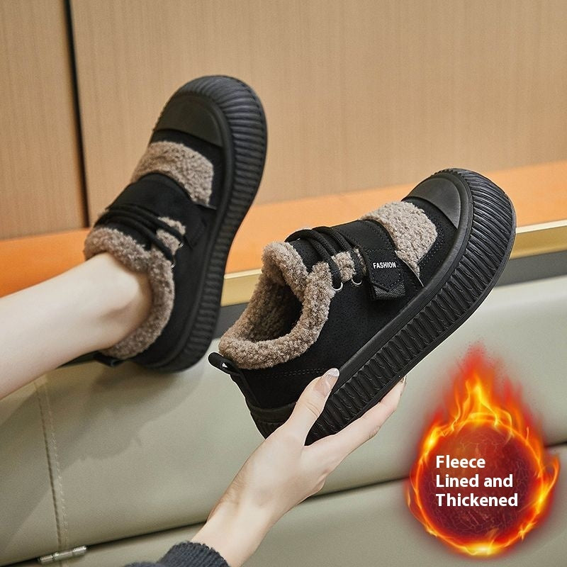Fleece-lined Sneakers Women's Thick Bottom Non-slip Warm Cotton Shoes