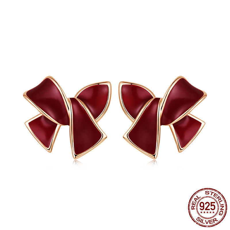 Silver Ziyun Original Wine Red Bow Stud Earrings