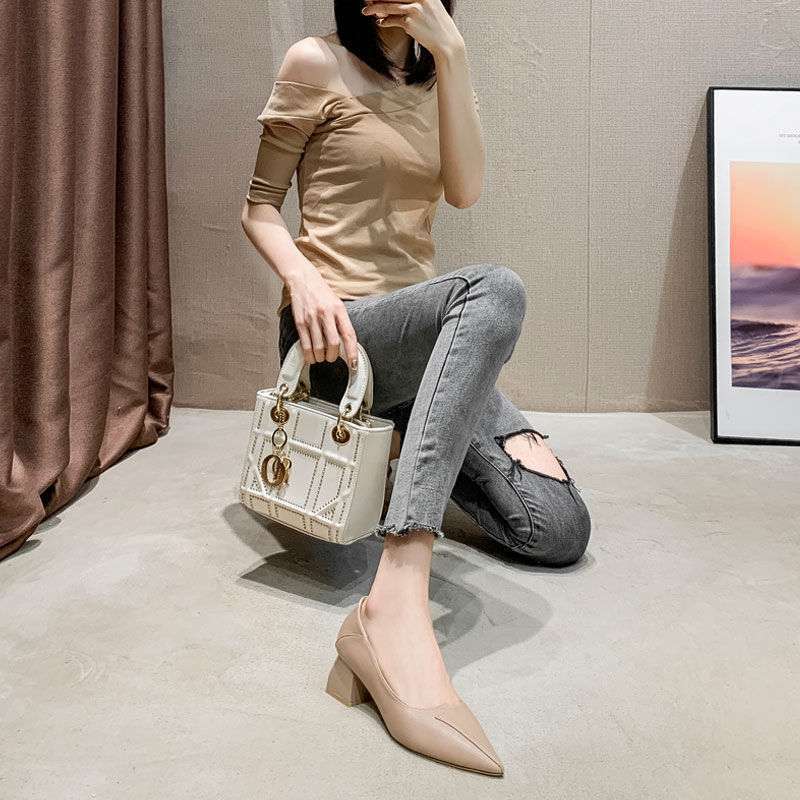 New Spring Versatile Low-cut Women's Mid Heel Chunky Heel Pointed-toe Soft Bottom Work Shoes