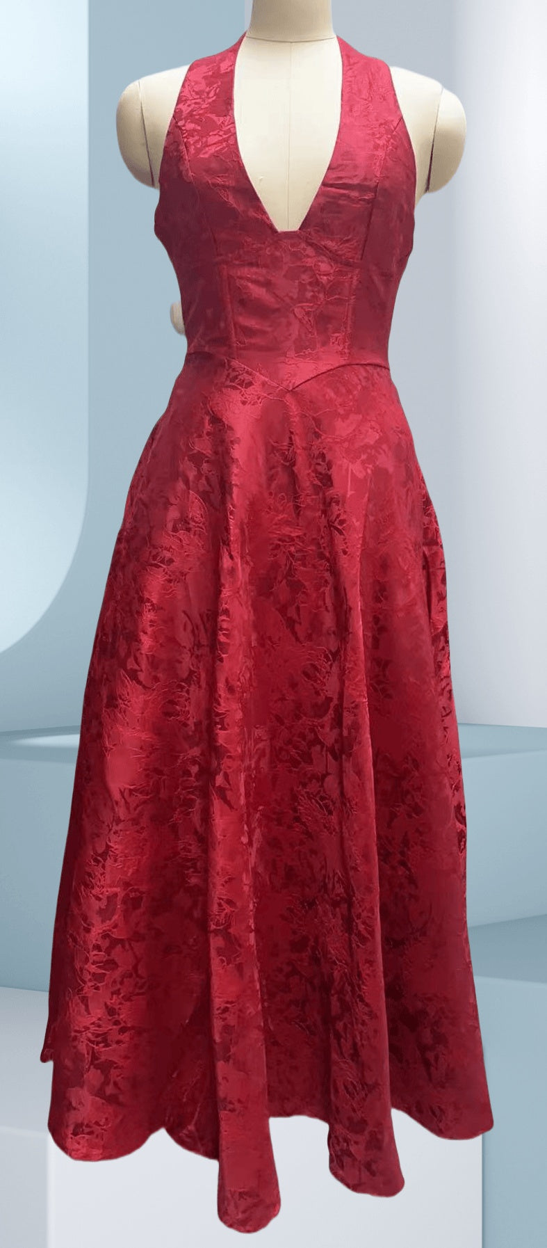 Elegant V-Neck Halter Floral Jacquard Evening Dress - Backless Sleeveless A-Line Gown With Waist Accent For Women