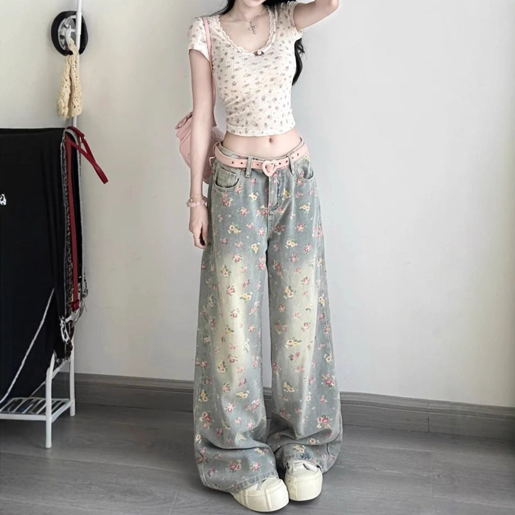 Womens Retro Floral High-Waist Wide-Leg Denim Jeans
