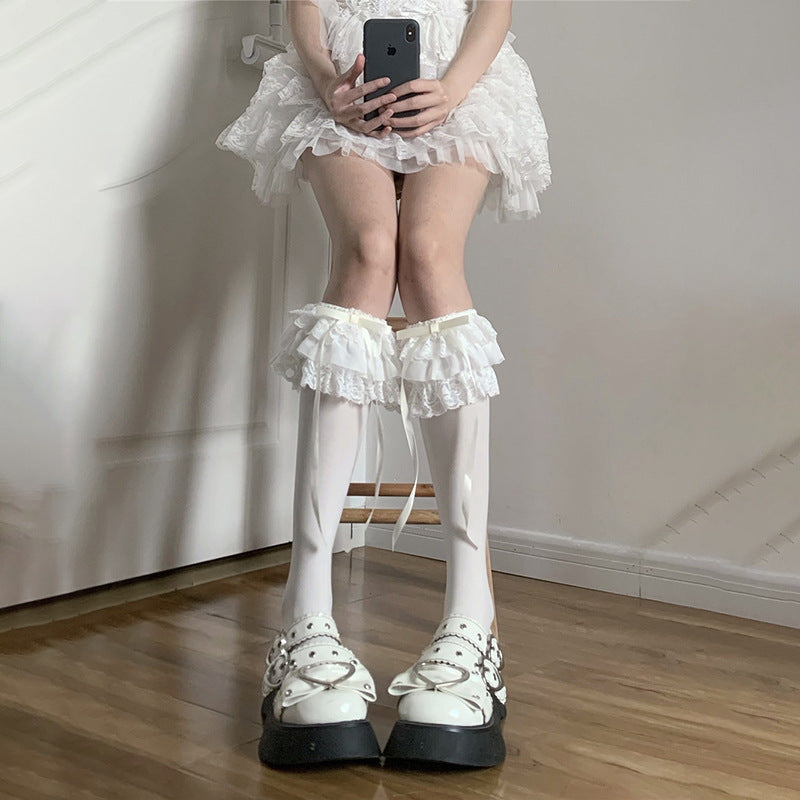 Multi-layer Lace White Knee Socks Bow Stockings