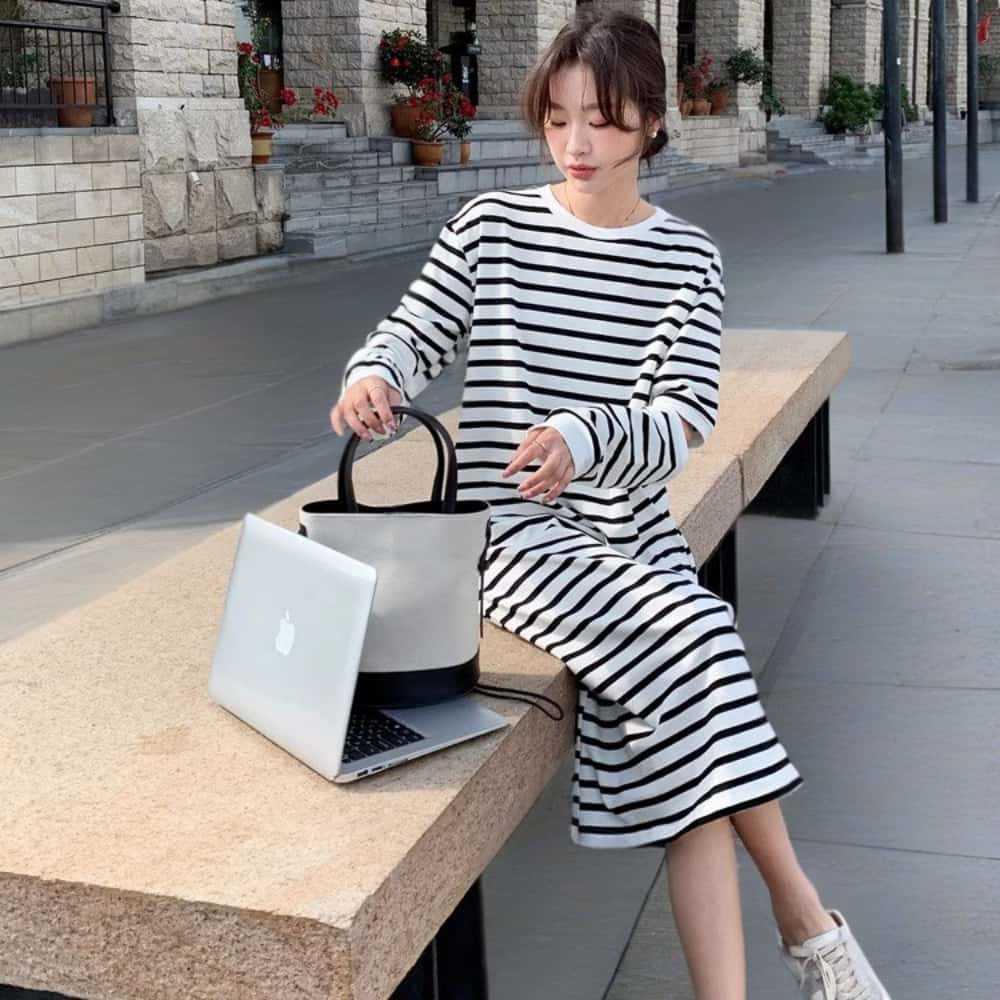 Women's Plus Size Black And White Hooded Knitted Long Dress Casual Striped Dress Sweater